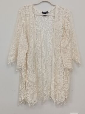 Miss Chevious Ivory Lace Fringe Boho Open  Kimono Cover Up Hippie Festival XL